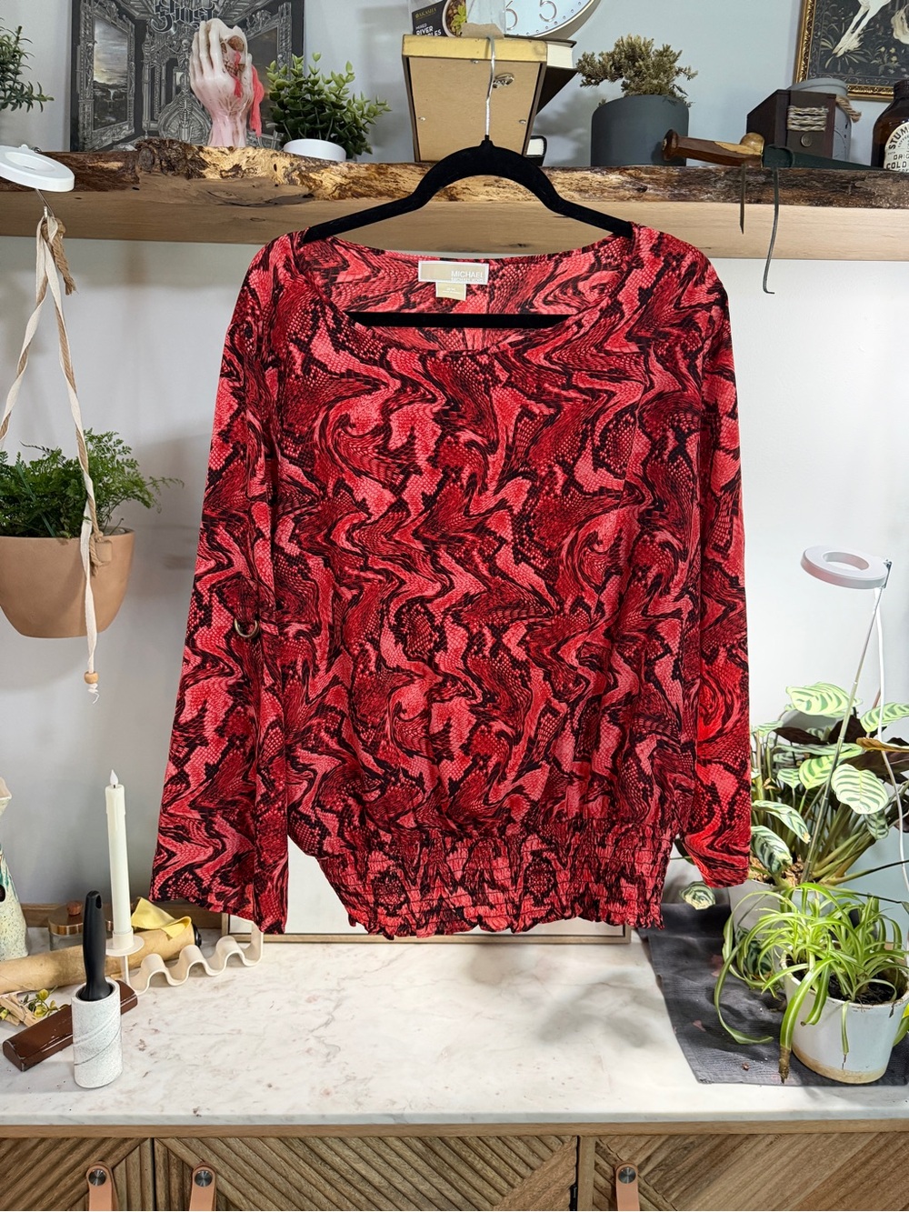 MICHAEL Michael Kors Red Abstract Snake Print Long Sleeve Blouse